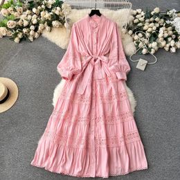 Casual Dresses Clothland Women Sweet Lace Hollow Out Maxi Dress Single Breasted Long Sleeve Sashes One Piece Vestido Mujer QD410