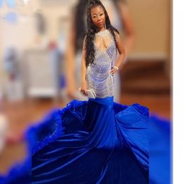 Elegant Royal Blue Prom Dresses For Black Girl 2024 Rhinestone Tassel Feathers Party Dress Vestidos De Gala 322