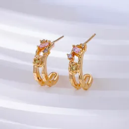 Stud Earrings Coloured Zircon Flower For Women 18K Gold Plated Jewellery Embossed Piercing Hoop Ear Decoration Trend Accessories