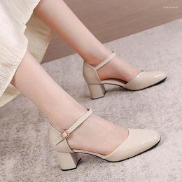 Sandals Women Summer Leather Thick Heel Ladies Open Toe Square Office Pumps Dress Party Shoes