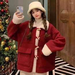 Women's Jackets HOUZHOU Vintage Red Fleece Jacket Women Oversized Lamb Wool Coat Korean Fashion Cute Short Chic And Elegant Aesthetic