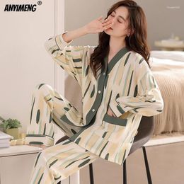 Women's Sleepwear Cotton Autumn Spring Kimono V-neck Women Pajamas Set Long Sleeves Woman Casual Lapel Homesuits Ins Floral Pijamas