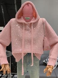 Women's Hoodies Korean Preppy Style Elegant Hoodie Drawstrings Slimming Sequined Sweater Spring Autumn Fashion Loose Short Knitted Top Women