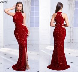 Sexy Hollow Out Red Sequined Prom Dresses With Sexy Split Women Halter Special Occasion Evening Gowns Long Mermaid Sweep Train Second Reception Formal Dress CL3286