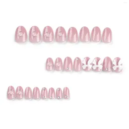 False Nails Pink Almond Press-on Nail Glossy Full Cover Artificial With Rhinestones For Women And Girls Decoration