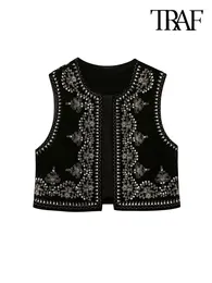 Women's Vests TRAF Women Fashion With Sequins Embroidery Velvet Open Waistcoat Vintage O Neck Sleeveless Female Outerwear Chic Vest Tops