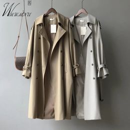 Klassische Gürtel Lange Trenchcoats Frauen große größe 80 kg Koreanische Zweireiher Windjacke Khaki gefüttert Gabardinas Frühling Outer 240202