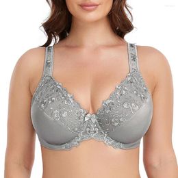 Bras Lace Bra Floral Embroidery Women Underwear Full Coverage Plus Size Unlined Thin Minimizer For BH C D E F G H I J