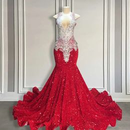 Sparkly Red Glitter Sequins Mermaid Prom Dress for Black Girls Luxury Silver Beaded Plunging Long Pageant Sequin Evening Formal Gowns Robe De Soiree