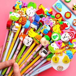 20Pcs/Lot Cute Cartoon HB Pencils With Kawaii Eraser Head for Children's Stationery Kids Drawing Writing Pen School Supplies 240118