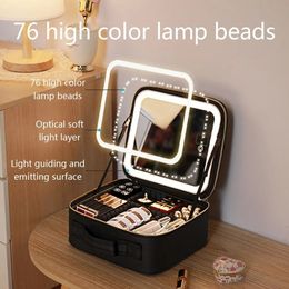 Smart LED Makeup Bag With Mirror Large Capacity Compartments Waterproof PU Leather Travel Cosmetic Case For Women 240125
