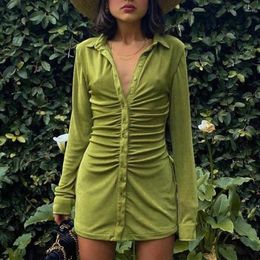Casual Dresses 2024 Ruched Shirt Women Sexy Party Club Solid Green Bodycon Turn Down Collar Long Sleeve Slim Mini Dress Female