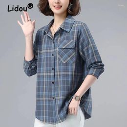 Women's Blouses Women Clothing Vintage Plaid Pockets Button Shirts Autumn Fashion Lapel Long Sleeve Blouse Casual Loose Cotton Tunic Tops