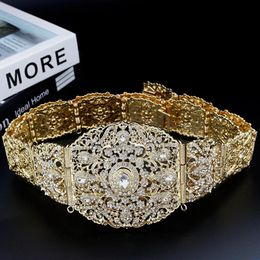 Sunspicems Wide Morocco Belt For Women Caftan Dress Waist Chain Gold Color Arabic Wedding Body Jewelry Crystal Belt Bridal Gift 240118