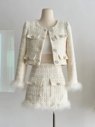 Autumn Winter French Vintage 2 Pieces Sets Tweed Jacket Short Coat Feather Splicing BlazerHigh Waist Mini Skirt Suit 240129