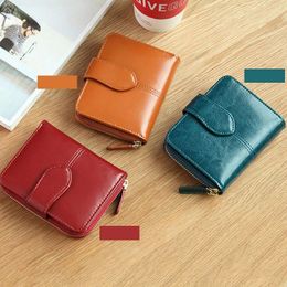 Wallets Billfold Oil Wax Genuine Leather Women Short Mini Clutch Purse Soild Coin Pocket Holder Cowhide Bag
