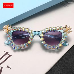 Sunglasses KLASSNUM Women Shiny Rhinestone Cat Eye Polarised Luxury Pearl Trends Punk Sun Glasses UV400 Gradient Lens Eyewear