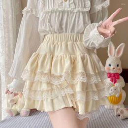 Skirts Japanese Soft Girl Lace Cake Mini Skirt Dance School Kawaii Party Shorts Winter Thicken Warm Plush Pleated Fluffy Fleece