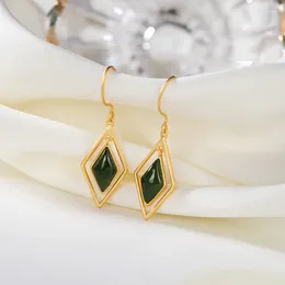 Dangle Earrings S925 Sterling Silver Gold-Plated Natural Hetian Jade Green Eardrops Geometric Fashion High-Grade Versatile Ornament