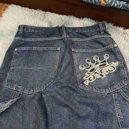 Men's Jeans JNCO Baggy Jeans Y2K Pants Harajuku Hip Hop Crown Embroidery Retro Blue Jeans Mens Womens Fashion High Waist Wide Leg Trousers YQ240205