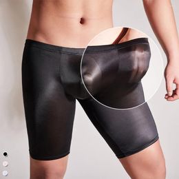 Underpants Men Oil Shiny Long Boxer Shorts Transparent Glossy Trunks See Through Lengthen Underwear Yoga Bottoms Pant Man