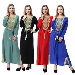 Ethnic Clothing Women Eid Muslim Abaya Dubai O Neck Belt Arab Kaftan Appliques Vestidos Morocco Ramadan Gorgeous Party Dress Solid Abayas