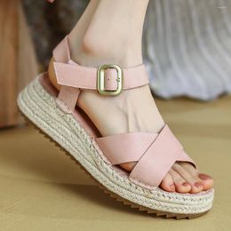 Sandals Women's Genuine Leather Band Cross Strap Thick Sole Platform Flats High Quality Casual Female Summer Daily Shoes