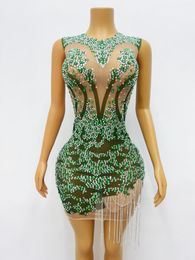 Stage Wear Design Silver Green Rhinestones Chains Transparent Dress Birthday Celebrate Costume Dance Performance Outfit