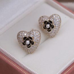 Stud Earrings 2024 Korean Design Fashion Jewellery 14K Gold Plated Zircon Love Black Camellia Earring Elegant Women's Daily Work Accessories