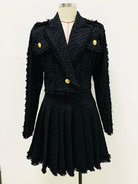 Black Tweed Short Coat Jacket Skirt Women Autumn Winter Fashion Tassel Suit Pleated Outfit Blazer 240202