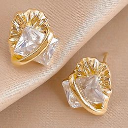 Stud Earrings Brand 14K Gold Plated Exquisite Women Zircon Square Ruffle Half Large Fashion Luxury Ladies Earring