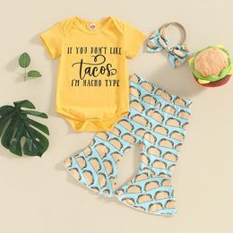 Clothing Sets 2024-01-12 Lioraitiin Baby Girl Clothes Set Letter Print Short Sleeve Romper With Cartoon Flare Pants And Headband Outfit