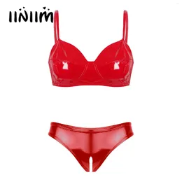 Bras Sets Womens Glossy Patent Leather Sexy Lingerie Set Underwear Spaghetti Straps Bra Tops With Open Crotch High Cut Briefs Exotic