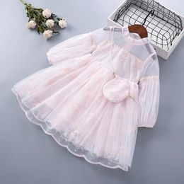 Girl Dresses 2-8 Years High Quality Spring Autumn Pearls Bag Floral Draped Ruched Kid Children Clothing Party Birthday Princess Dress