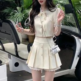 Work Dresses Solid Lace Top Pleated Skirt Suit Women Ribbon Design Spliced Short Sleeves Cute Sweet Fresh Summer Slim Ladies Two-piece Set