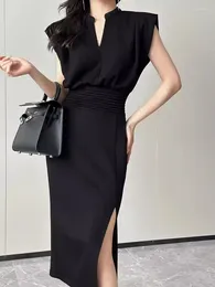 Casual Dresses Korean Fashion Elegant Slim V-Neck Midi For Women Party Prom Folds Sleeveless Chiffon Bodycon Dress Summer 2024