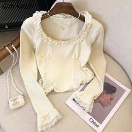 Women's T Shirts Patchwork T-shirts Women Long Sleeve Lace Stringy Selvedge Fashion Simple All-match Leisure Sweet Cute Korean Style