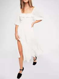 Casual Dresses Women Elegant Square Neck Maxi Dress Ruffle Ruched Short Sleeve High Split A Line Flowy Beach Long