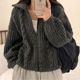 Black Thickened Short Knitted Cardigan Women TurtleNeck Fall Winter Korean Long Sleeve Loose Sweater Outerwear 6 Colours 240124