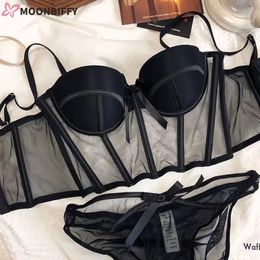 Lace Bra Sexy Mesh Underwear Women Hollow Out Shape Half Cup Soft Bralette Antisag Push Up Bow Thicken Set 240202