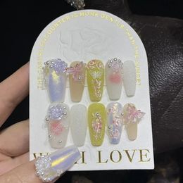 Handmade Y2k Press on Nails Korean Star Nails Long Coffin Bow Charms Design Reusable Adhesive False Nails Artificial Manicure 240129