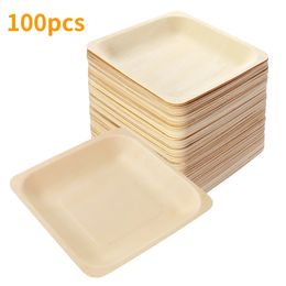 50100pcs Square Disposable Wooden Plate and Spoon Party Plates Tableware for Wedding Restaurant Picnic Birthday 140x140mm 240122