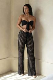 Women's Two Piece Pants 2024 Summer Girl Bikini Lace-up Tube Top Sexy Cutout Knitted Loose Casual Wide Leg Suit