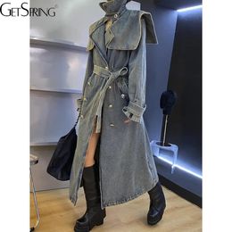 Getspring Women Denim Trench Coat 2023 SpringTemperament Double Breasted Lace Up Loose Long denim Coat All Match Fashion 240201