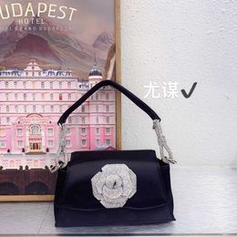 French light luxury diamond inlaid rose flower silk satin saddle bag, banquet small square bag, crossbody bag 240205