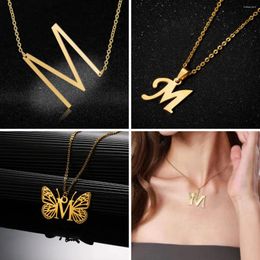 Pendant Necklaces Fashion Letters M For Women Men Stainless Steel Gold Colour Butterfly Letter English Alphabe Choker Chain Jewellery Gifts