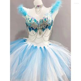 Stage Wear Bar Nightclub Sexy Club Party Dance Costume Sky Blue Scale Sequins Crystal Bikini Gauze Tutu Skirt Music Festival Clothing