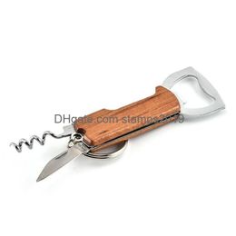 Openers Wooden Handle Bottle Opener Keychain Knife Pltap Double Hinged Corkscrew Stainless Steel Key Ring Opening Tools Bar Bc Drop Dhtuo