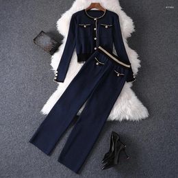 Women's Two Piece Pants Office Lady Two-Piece Set Autumn Navy Blue Long-Sleeved Cardigan Knitted Wide-Legged Suit O-Neck Single-Breasted