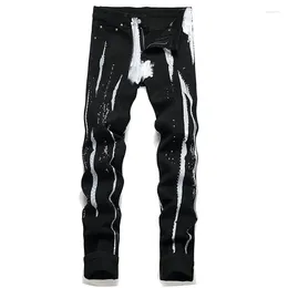 Men's Jeans Black Paint Graffiti Rhinting Skinny For Men Fashion Stretch Cotton Denim Pants Spring Autumn Street Style Beading Trouser